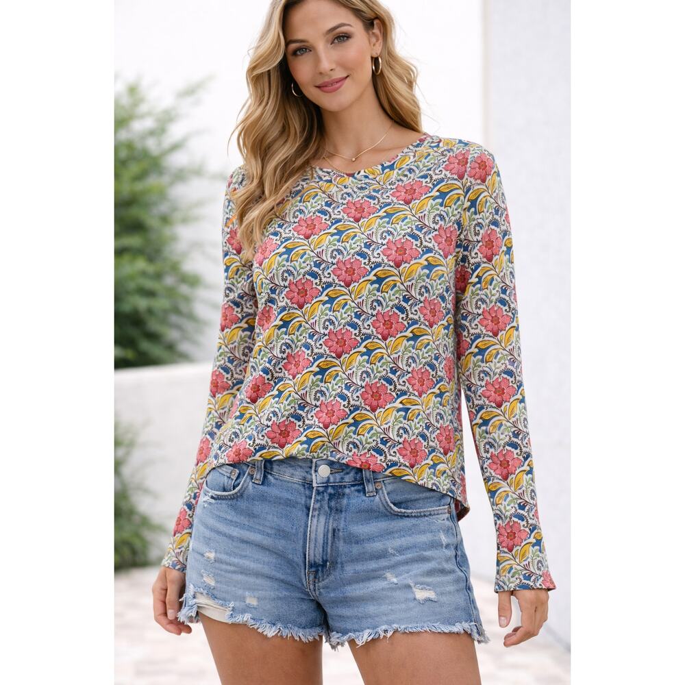 Talbots Floral Long Sleeve Knit Top Women’s Large Cotton Stretch